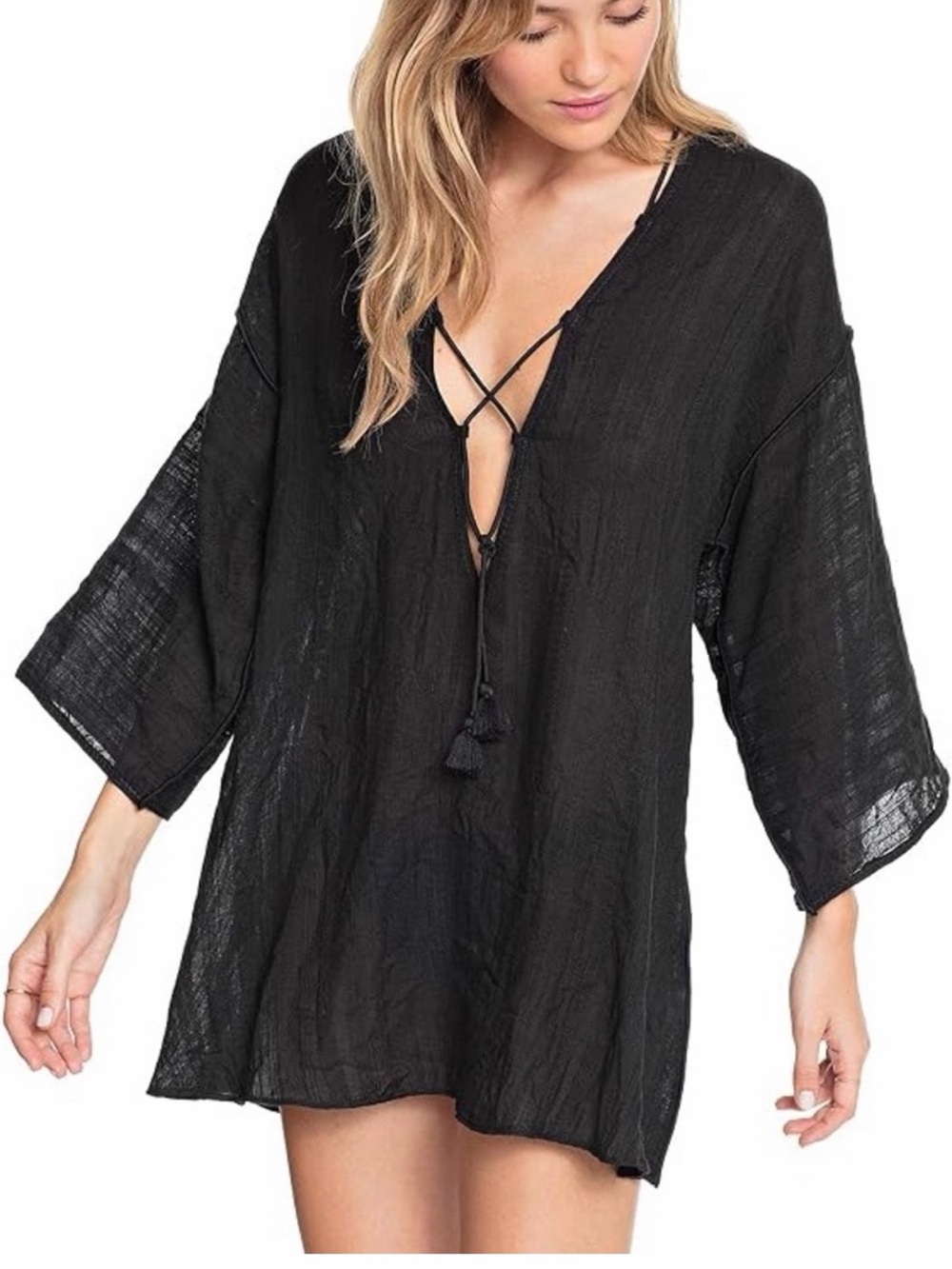 Robin Piccone Black Tassel Tie Gauze Cover Up Top S